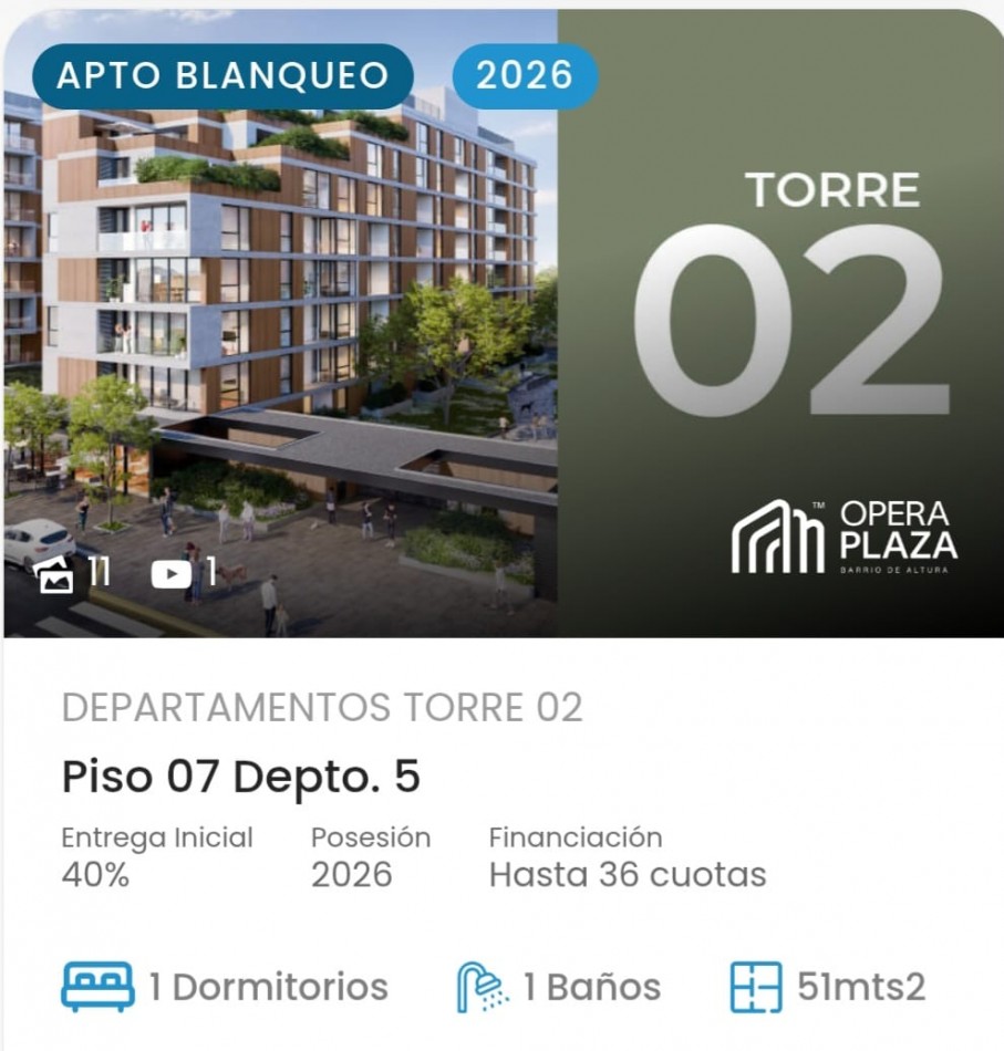 VENTA DE EXCELENTE DEPARTAMENTO EL COMPLEJO OPERA PLAZA PISO 7 DEPARTAMENTO 5 TORRE 2 ENTREGA INICIAL EL 40% FINANACIACION HASTA EN 36 CUOTAS POSESION 2026